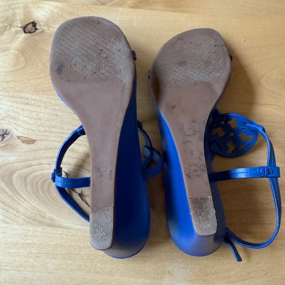 TORY BURCH MILLER WEDGE SANDALS DOUBLE T LOGO T STRAP LEATHER SLINGBACK BLUE 10 - Picture 12 of 12